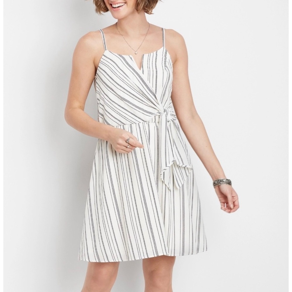 Maurices Womens XXL Striped Faux Wrap Tie Waist Mini Dress White Black